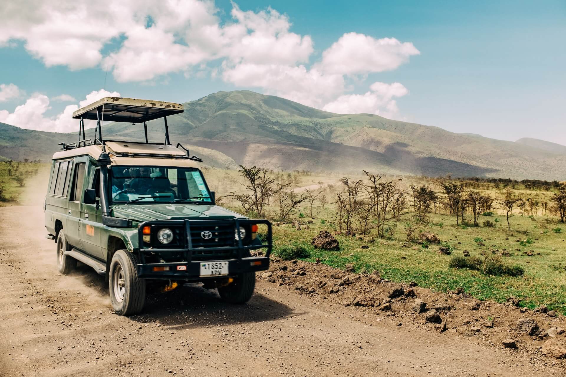 A safari jeep driving through a game park